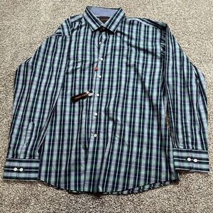 Linea Uomo Shirt Mens 2XL Green Blue Plaid Long‎ Sleeve Button Front Casual